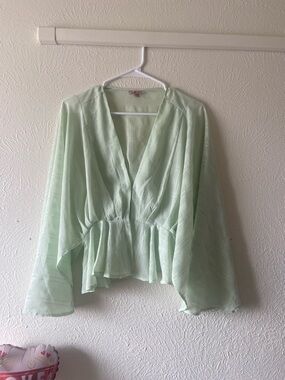 Light Green V-Neck Peplum Blouse - Women